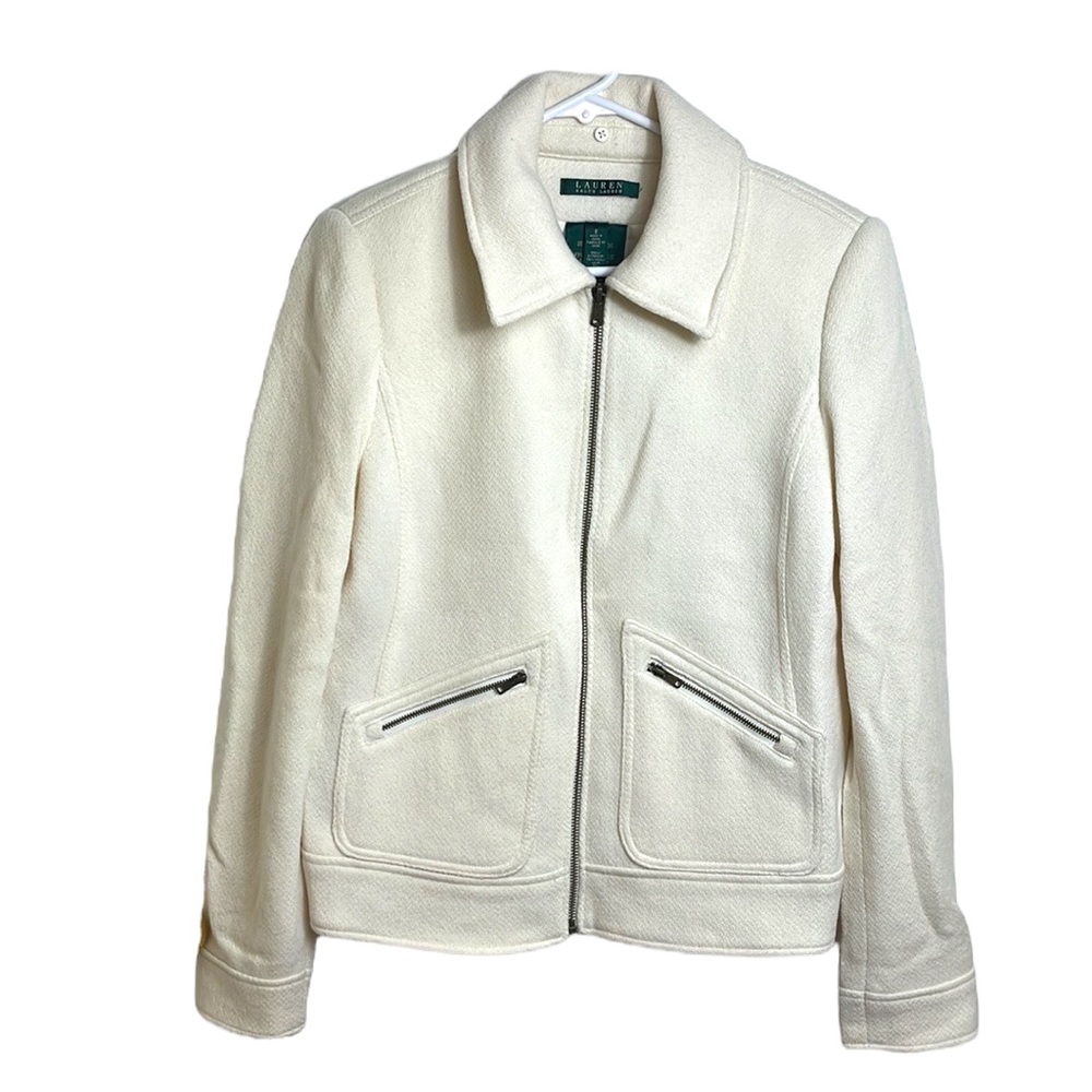 Ralph Lauren Women’s Ivory White Wool Blend Zip Up Motto Jacket Size 8